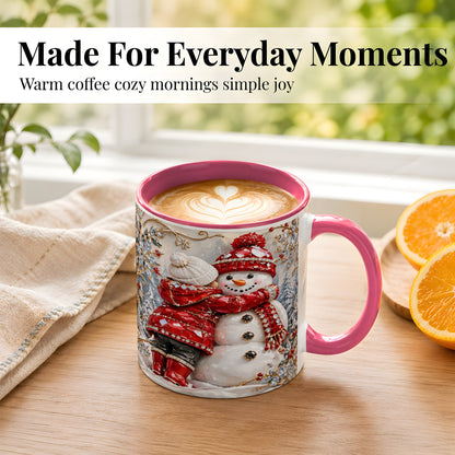 #pl[11oz|Pink] Snowman Hug Coffee Mug, Winter Snowman Mug, Ceramic Cup