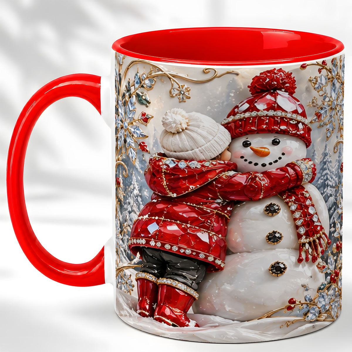 Snowman Hug Coffee Mug, Winter Snowman Mug, Ceramic Cup
