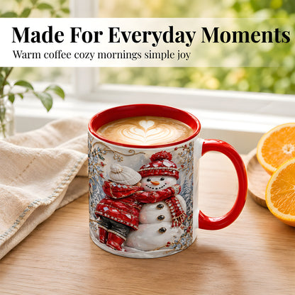 #pl[11oz|Red] Snowman Hug Coffee Mug, Winter Snowman Mug, Ceramic Cup