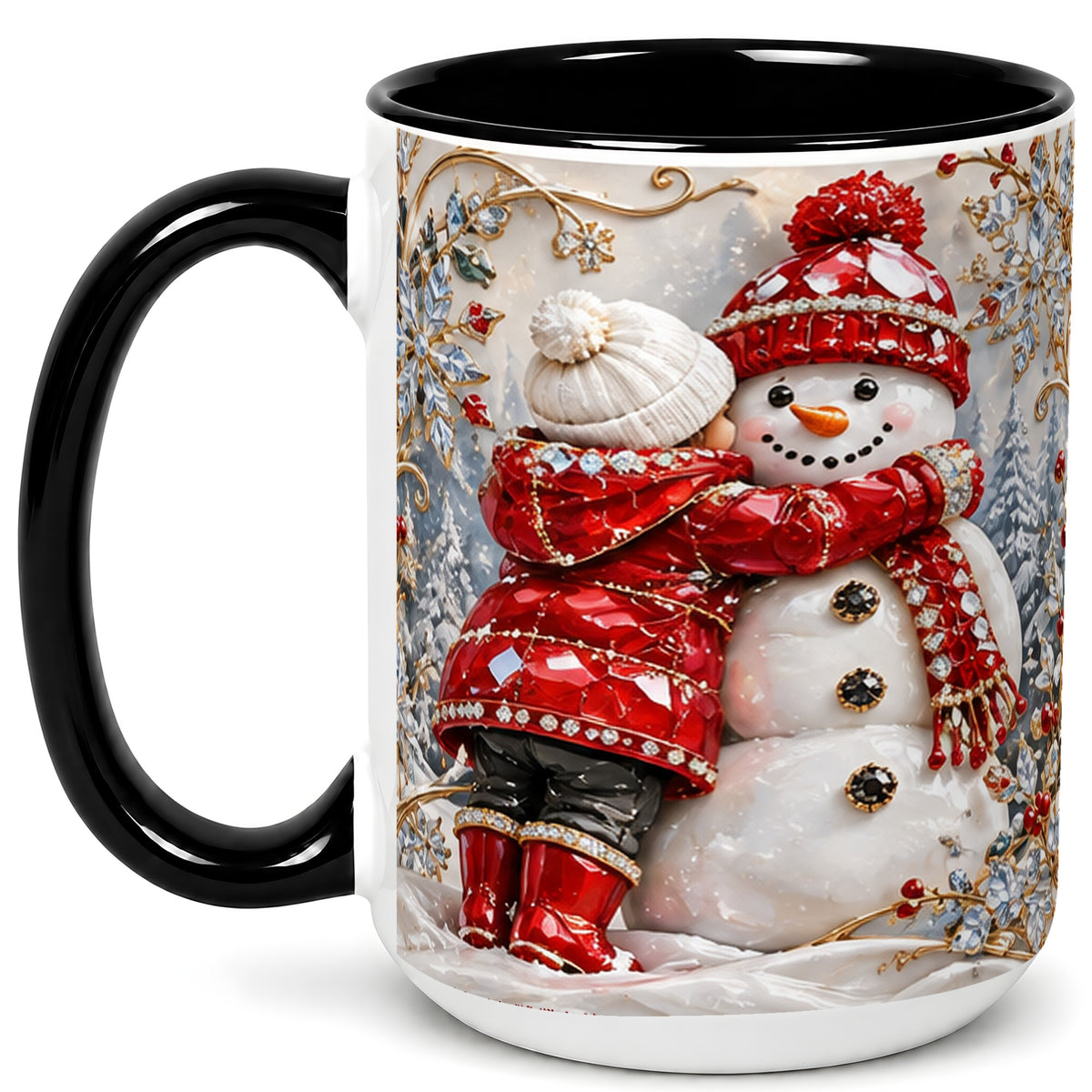 #pl[15oz|Black] Snowman Hug Coffee Mug, Winter Snowman Mug, Ceramic Cup