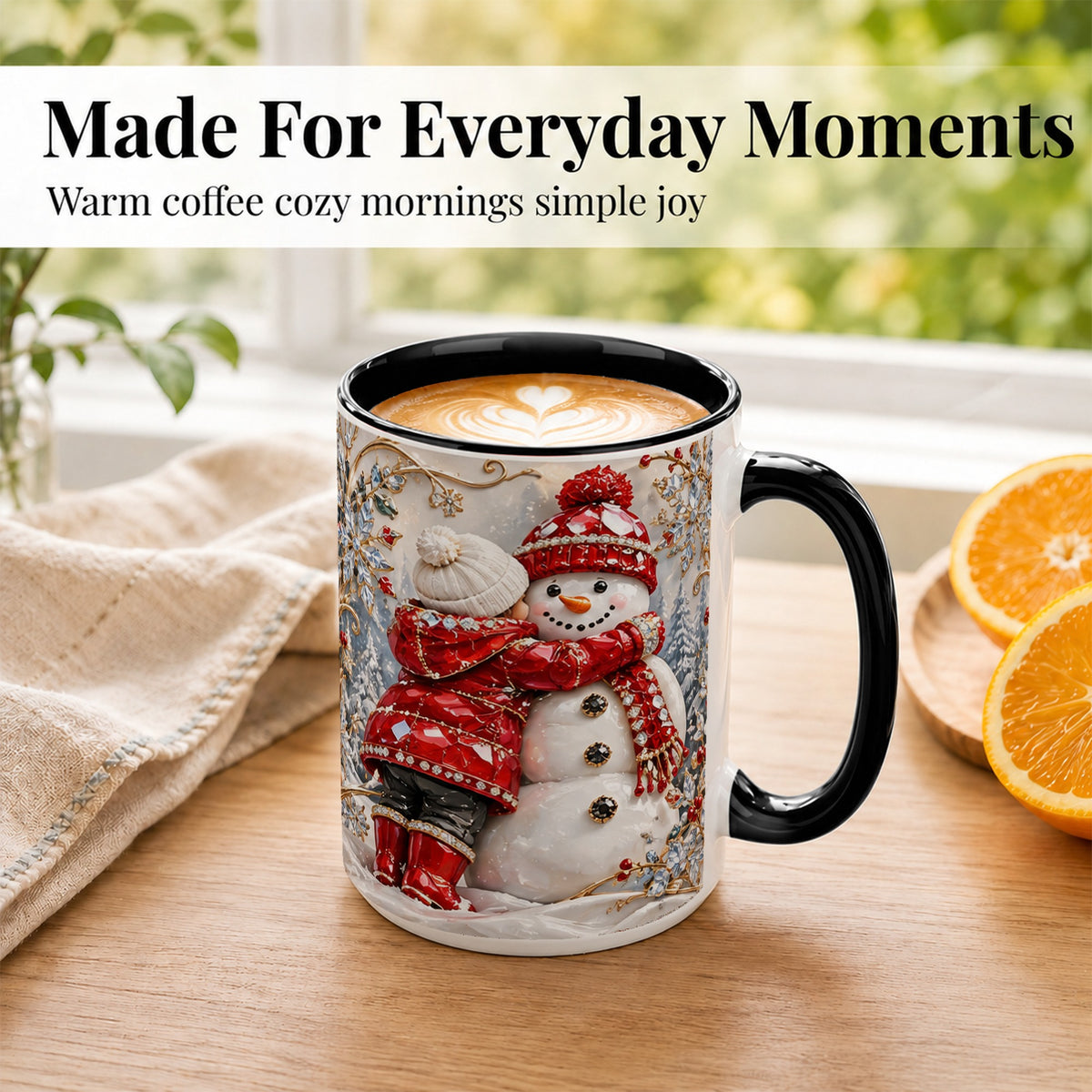 #pl[15oz|Black] Snowman Hug Coffee Mug, Winter Snowman Mug, Ceramic Cup