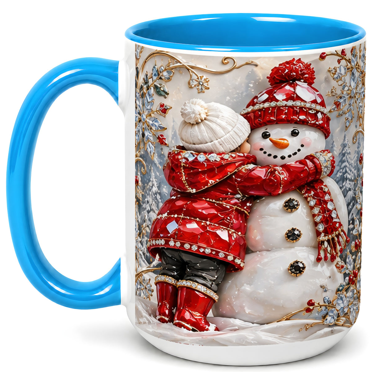 #pl[15oz|Blue] Snowman Hug Coffee Mug, Winter Snowman Mug, Ceramic Cup