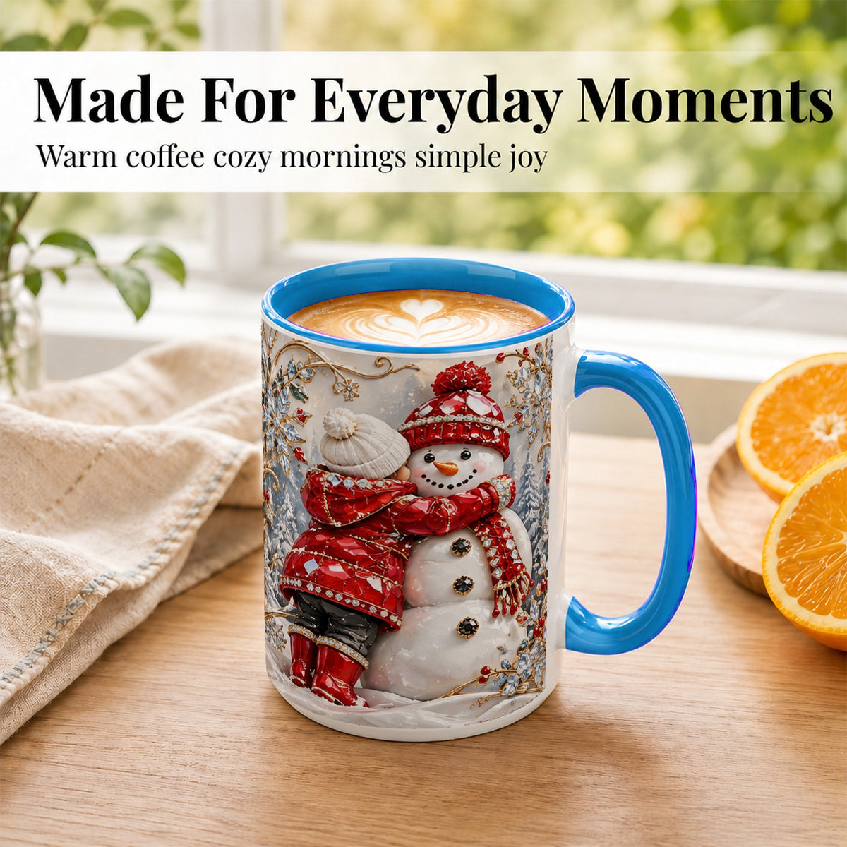 #pl[15oz|Blue] Snowman Hug Coffee Mug, Winter Snowman Mug, Ceramic Cup