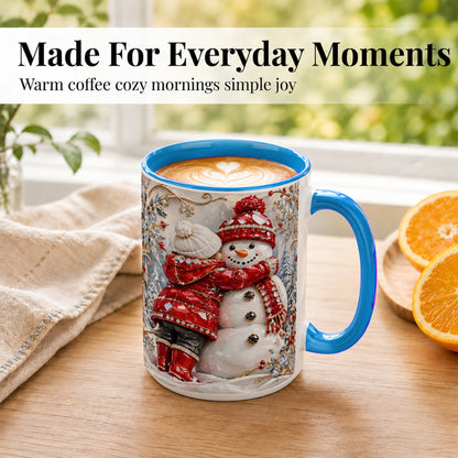 #pl[15oz|Blue] Snowman Hug Coffee Mug, Winter Snowman Mug, Ceramic Cup