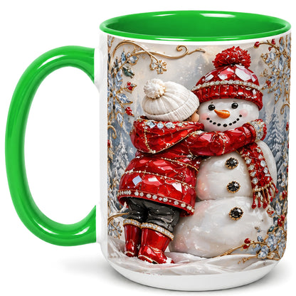 #pl[15oz|Green] Snowman Hug Coffee Mug, Winter Snowman Mug, Ceramic Cup