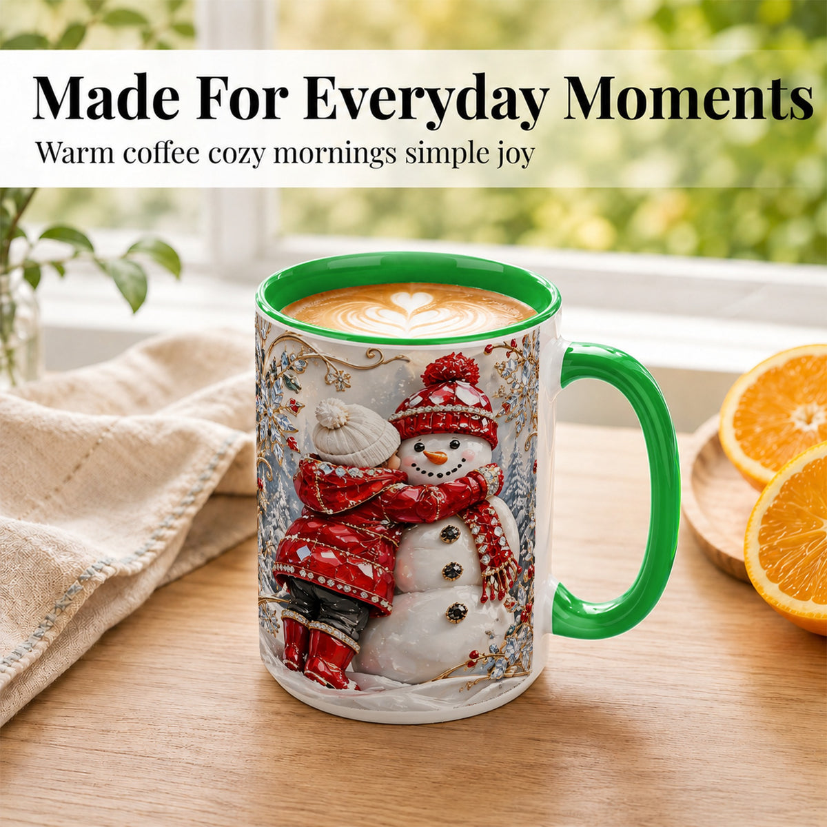 #pl[15oz|Green] Snowman Hug Coffee Mug, Winter Snowman Mug, Ceramic Cup