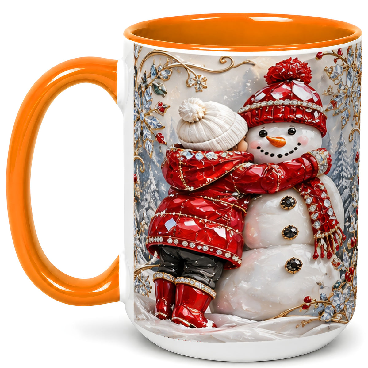 #pl[15oz|Orange] Snowman Hug Coffee Mug, Winter Snowman Mug, Ceramic Cup