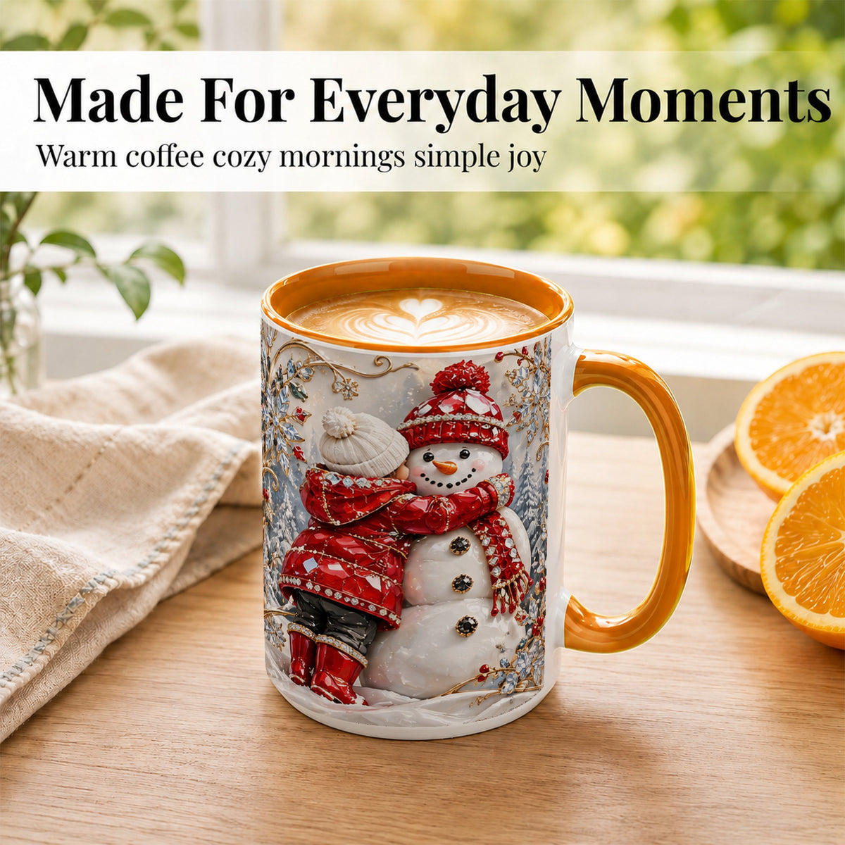 #pl[15oz|Orange] Snowman Hug Coffee Mug, Winter Snowman Mug, Ceramic Cup