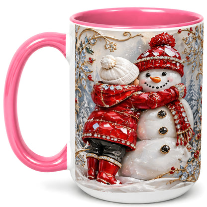 #pl[15oz|Pink] Snowman Hug Coffee Mug, Winter Snowman Mug, Ceramic Cup
