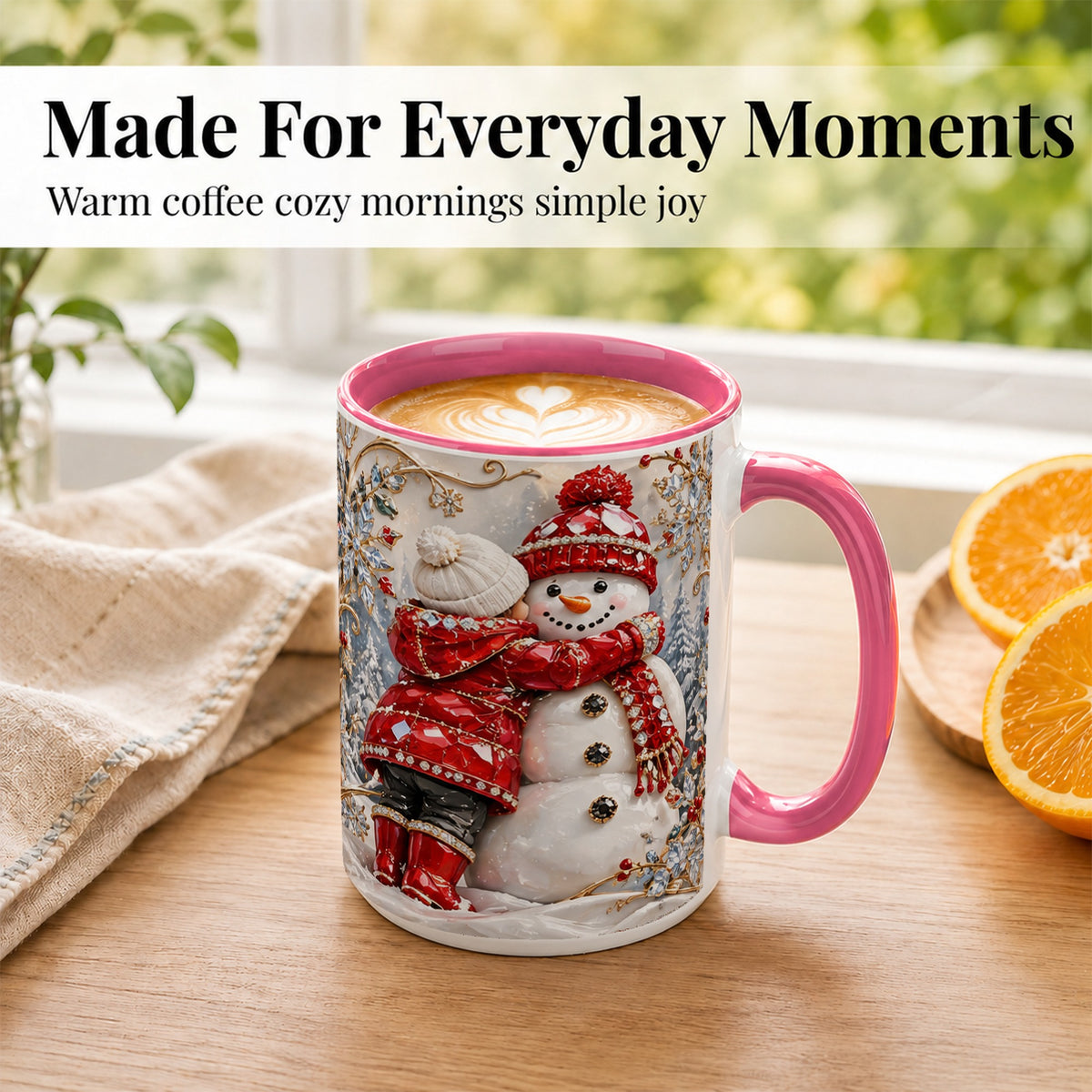 #pl[15oz|Pink] Snowman Hug Coffee Mug, Winter Snowman Mug, Ceramic Cup