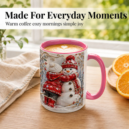 #pl[15oz|Pink] Snowman Hug Coffee Mug, Winter Snowman Mug, Ceramic Cup