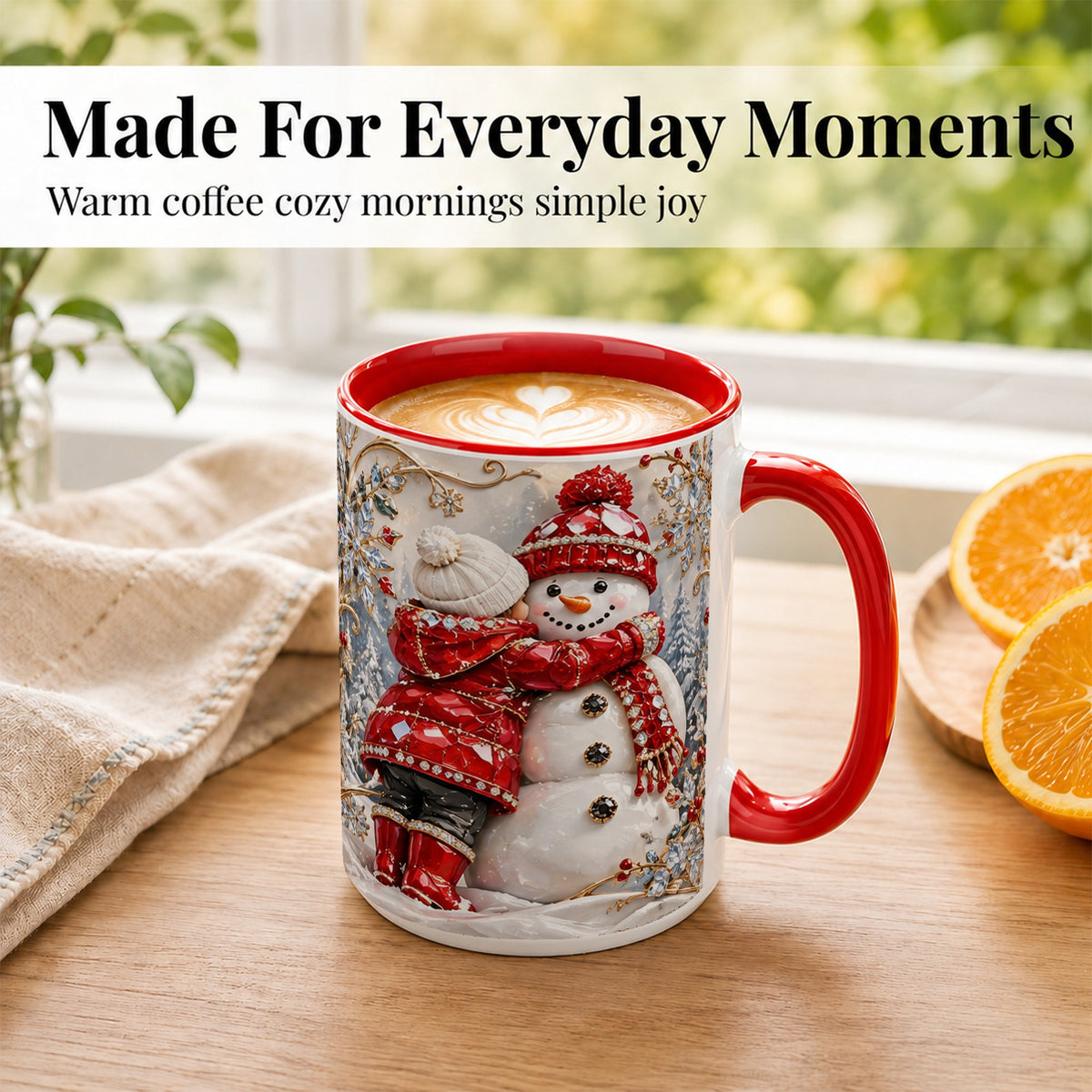 #pl[15oz|Red] Snowman Hug Coffee Mug, Winter Snowman Mug, Ceramic Cup