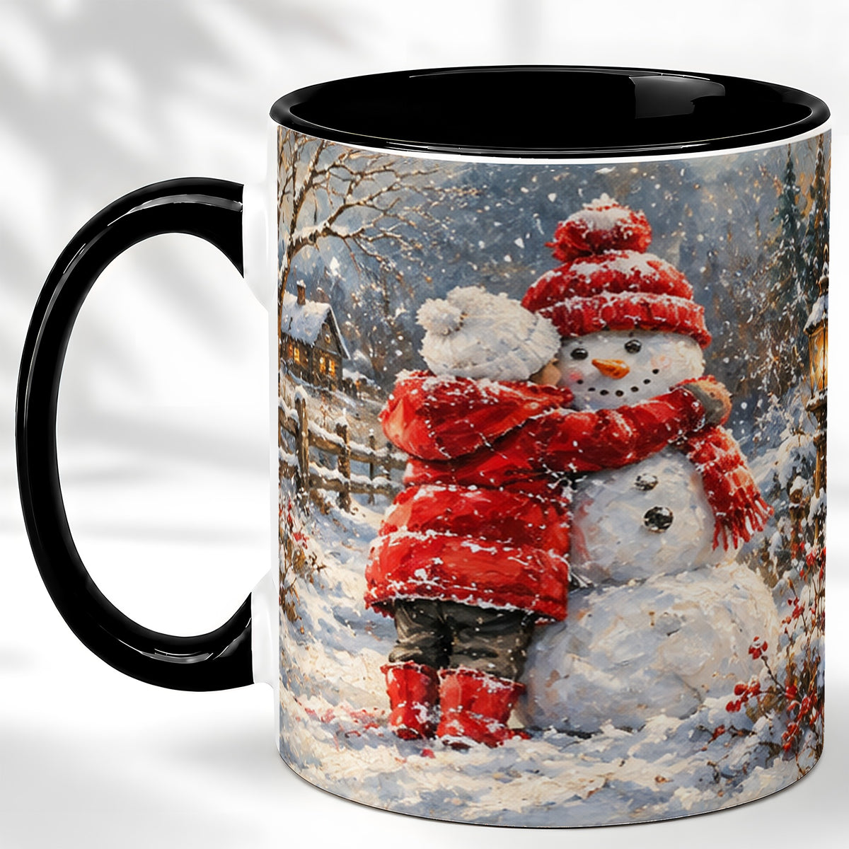 #pl[11oz|Black] Snowman Hug Coffee Mug, Cozy Winter Mug, Ceramic Cup