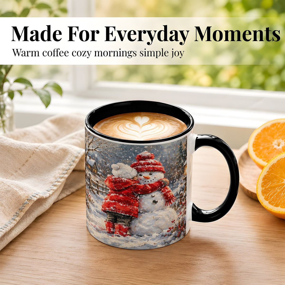 #pl[11oz|Black] Snowman Hug Coffee Mug, Cozy Winter Mug, Ceramic Cup