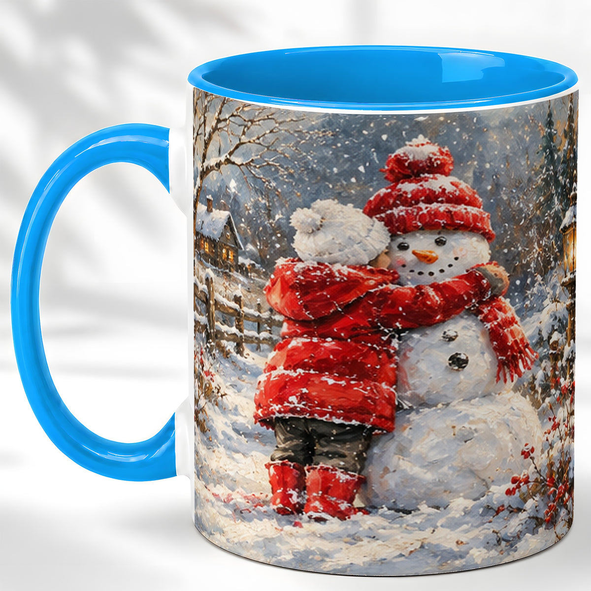 #pl[11oz|Blue] Snowman Hug Coffee Mug, Cozy Winter Mug, Ceramic Cup