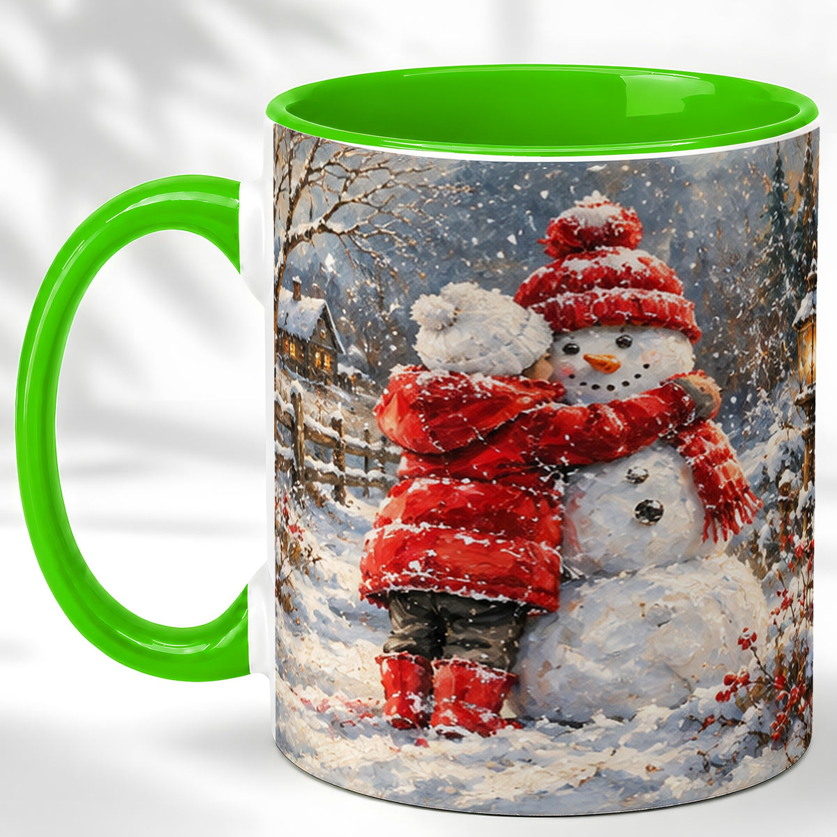 #pl[11oz|Green] Snowman Hug Coffee Mug, Cozy Winter Mug, Ceramic Cup