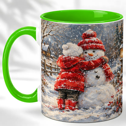 #pl[11oz|Green] Snowman Hug Coffee Mug, Cozy Winter Mug, Ceramic Cup