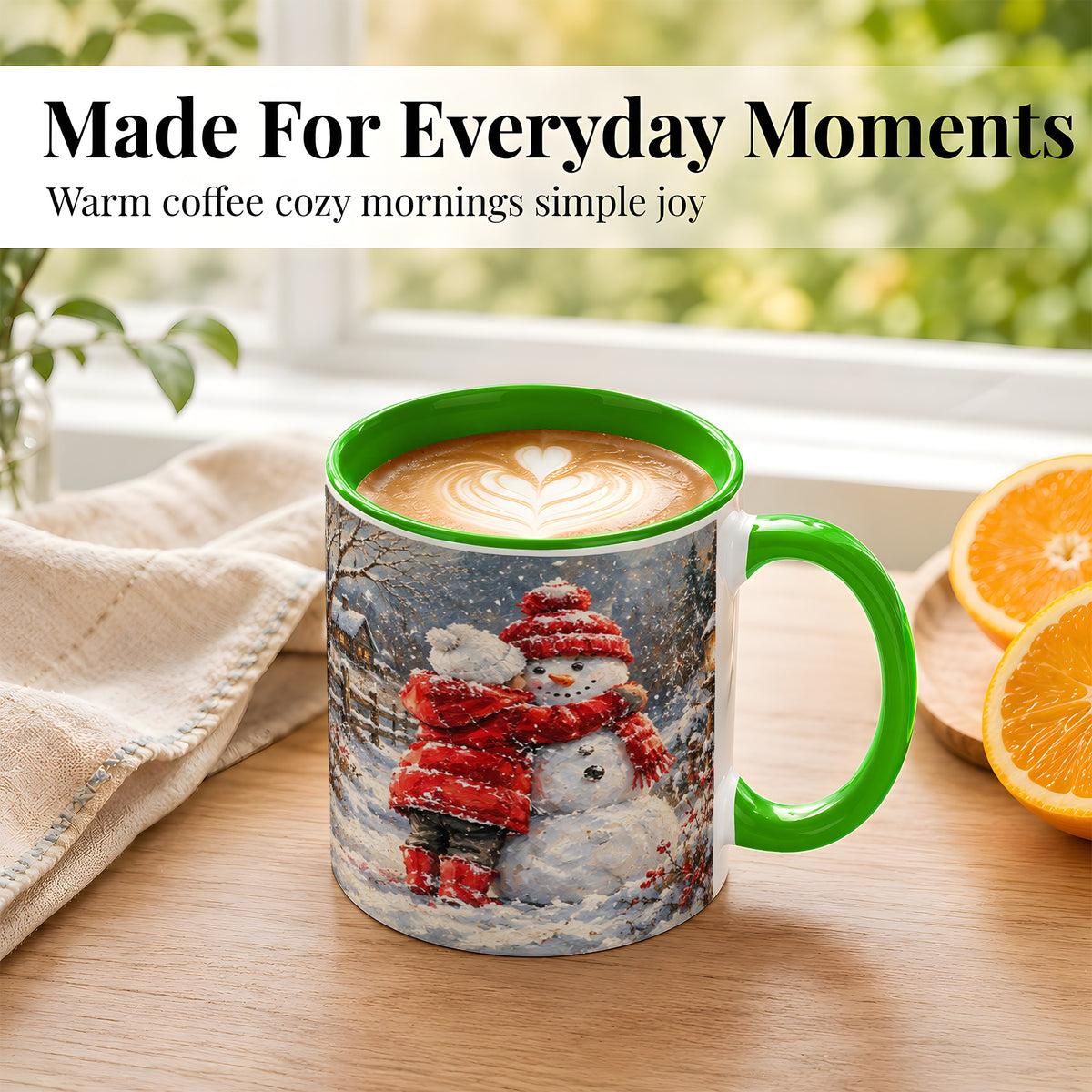 #pl[11oz|Green] Snowman Hug Coffee Mug, Cozy Winter Mug, Ceramic Cup
