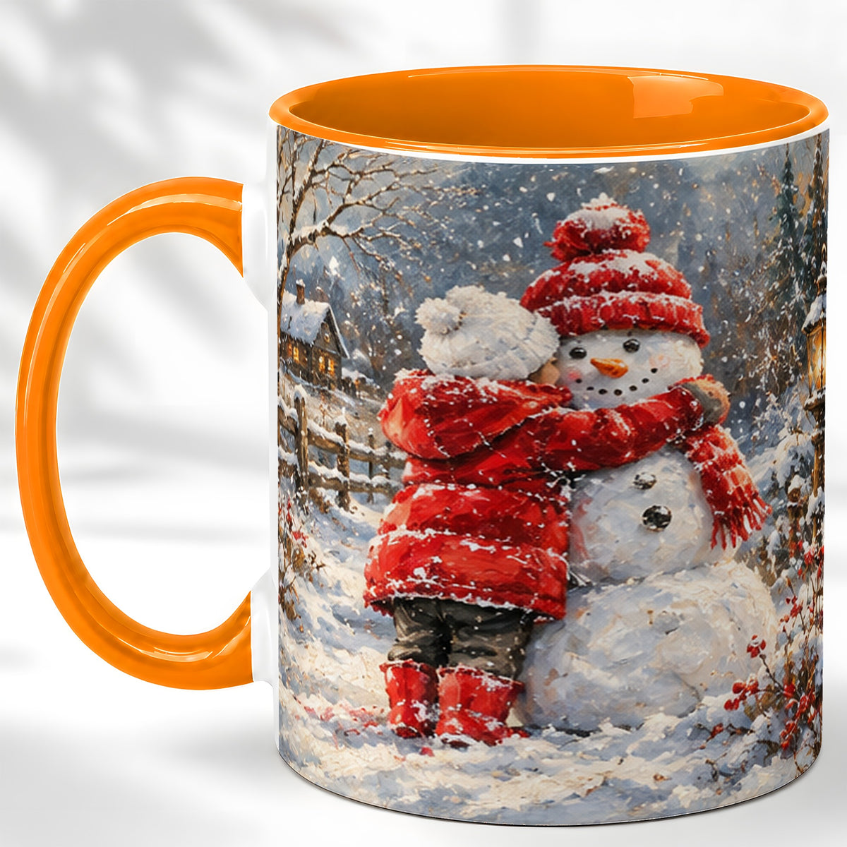 #pl[11oz|Orange] Snowman Hug Coffee Mug, Cozy Winter Mug, Ceramic Cup