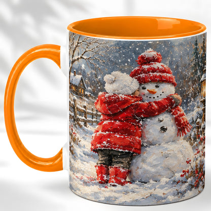 #pl[11oz|Orange] Snowman Hug Coffee Mug, Cozy Winter Mug, Ceramic Cup