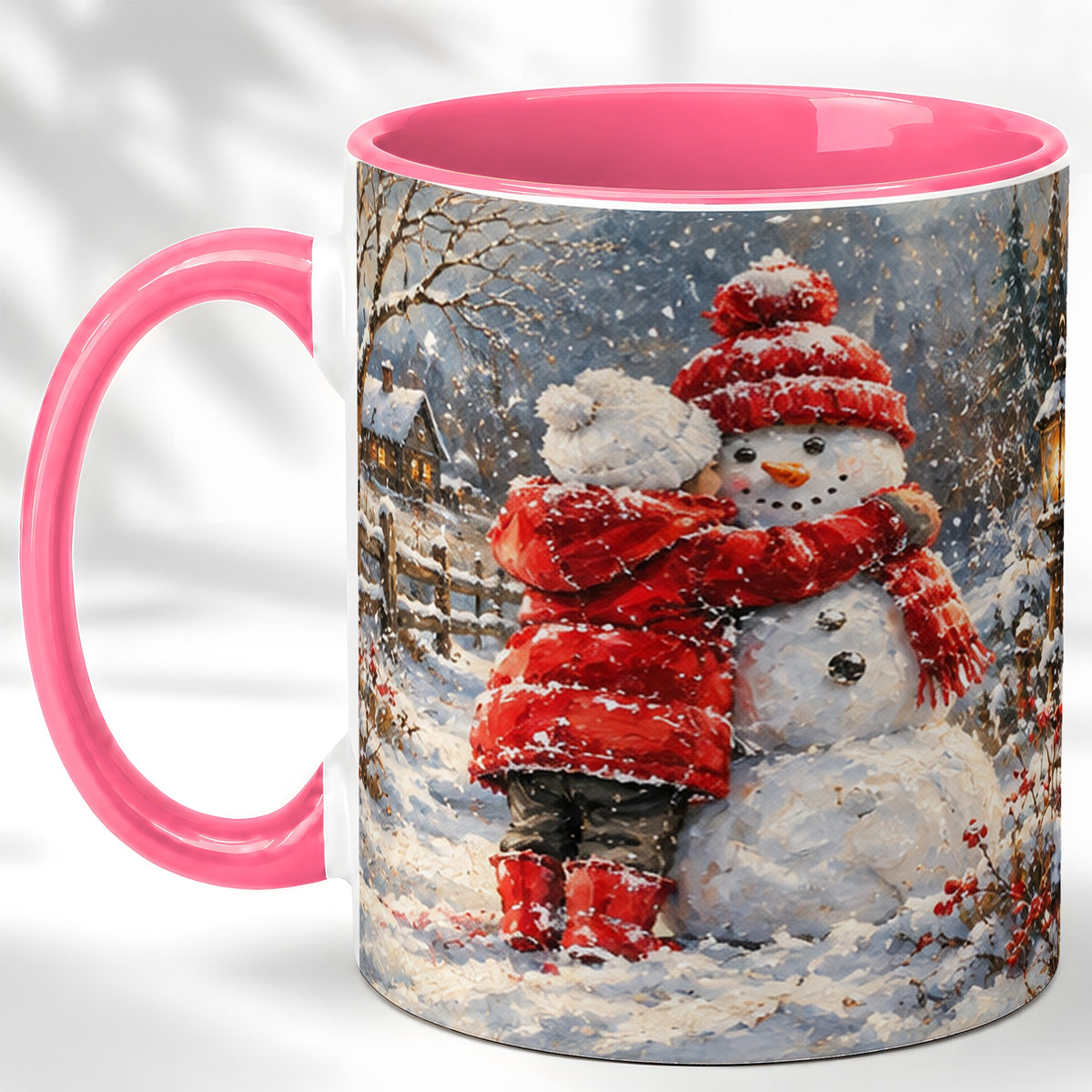 #pl[11oz|Pink] Snowman Hug Coffee Mug, Cozy Winter Mug, Ceramic Cup