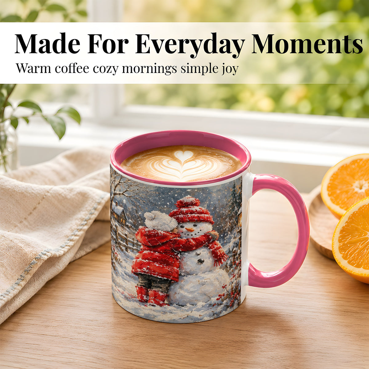 #pl[11oz|Pink] Snowman Hug Coffee Mug, Cozy Winter Mug, Ceramic Cup