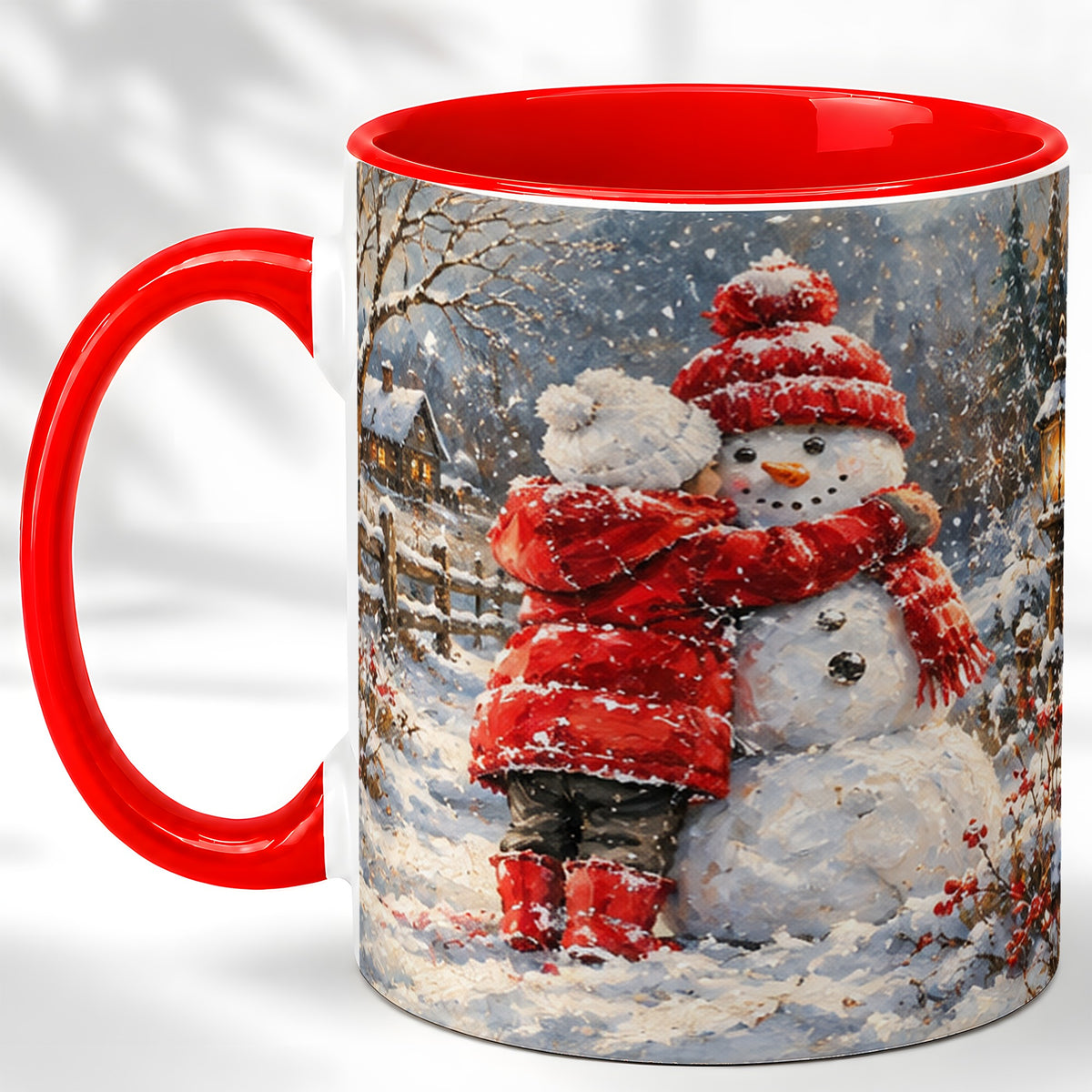 Snowman Hug Coffee Mug, Cozy Winter Mug, Ceramic Cup