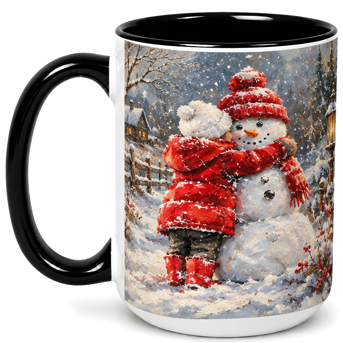 #pl[15oz|Black] Snowman Hug Coffee Mug, Cozy Winter Mug, Ceramic Cup