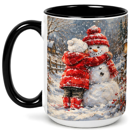 #pl[15oz|Black] Snowman Hug Coffee Mug, Cozy Winter Mug, Ceramic Cup