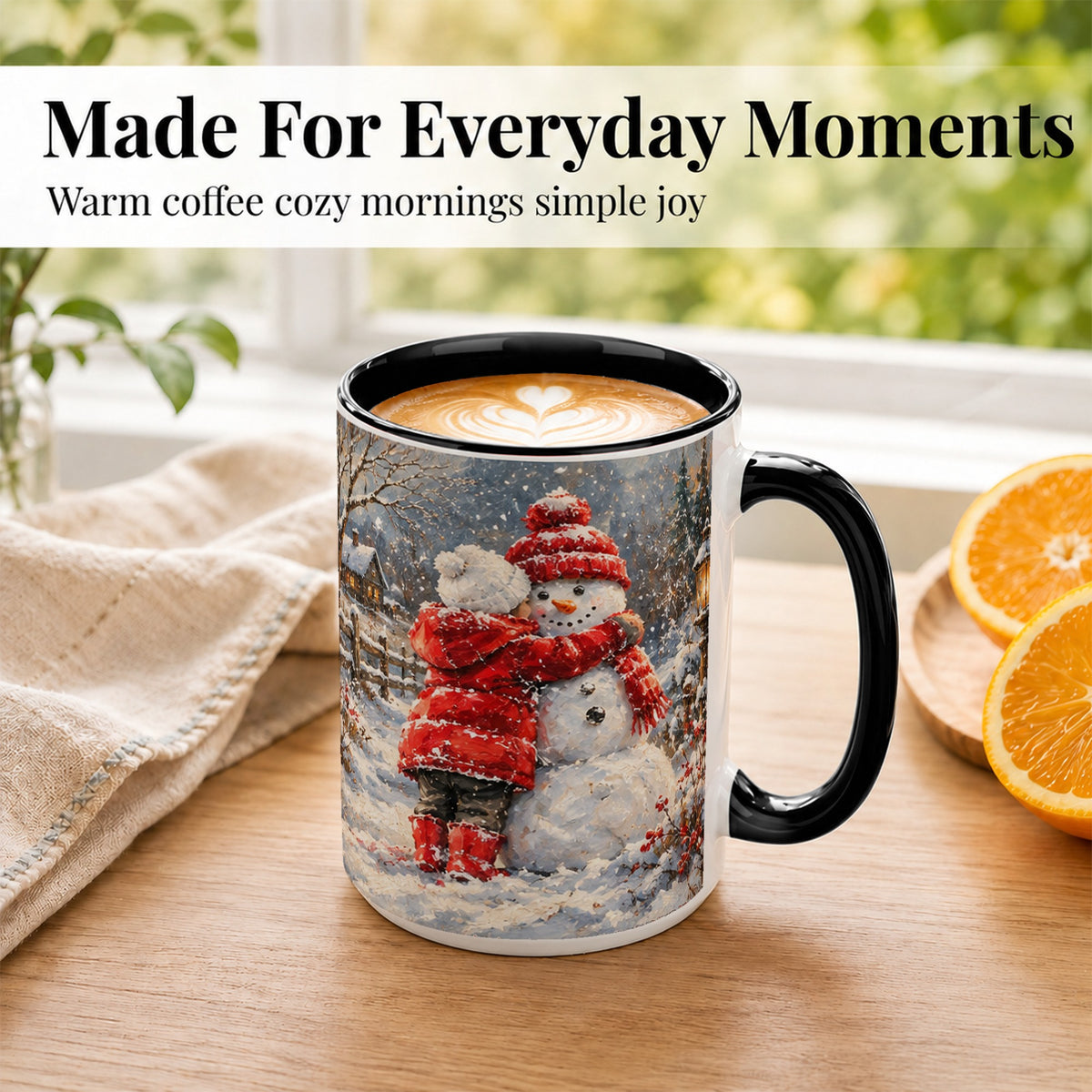 #pl[15oz|Black] Snowman Hug Coffee Mug, Cozy Winter Mug, Ceramic Cup