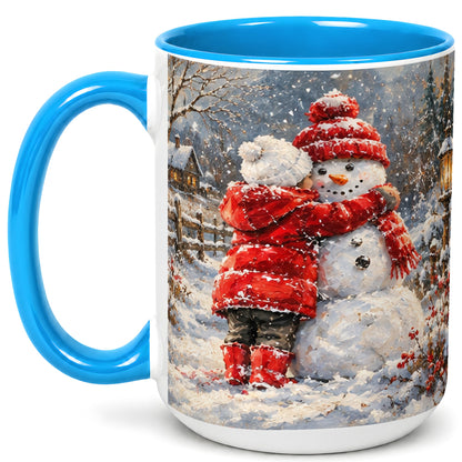 #pl[15oz|Blue] Snowman Hug Coffee Mug, Cozy Winter Mug, Ceramic Cup