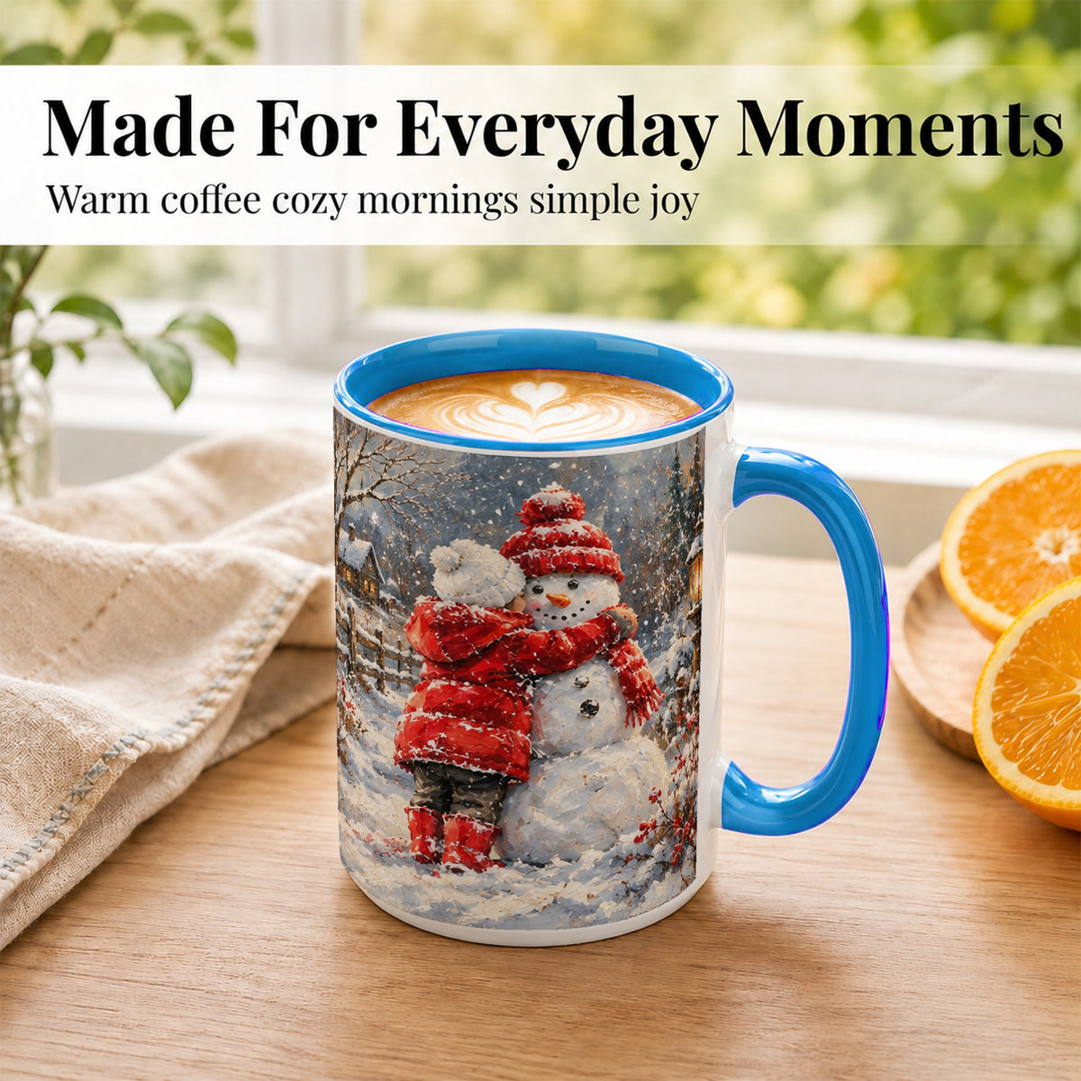 #pl[15oz|Blue] Snowman Hug Coffee Mug, Cozy Winter Mug, Ceramic Cup