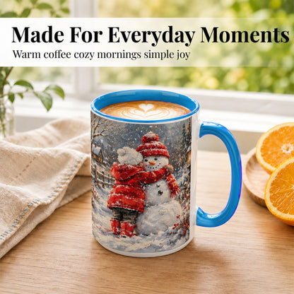 #pl[15oz|Blue] Snowman Hug Coffee Mug, Cozy Winter Mug, Ceramic Cup