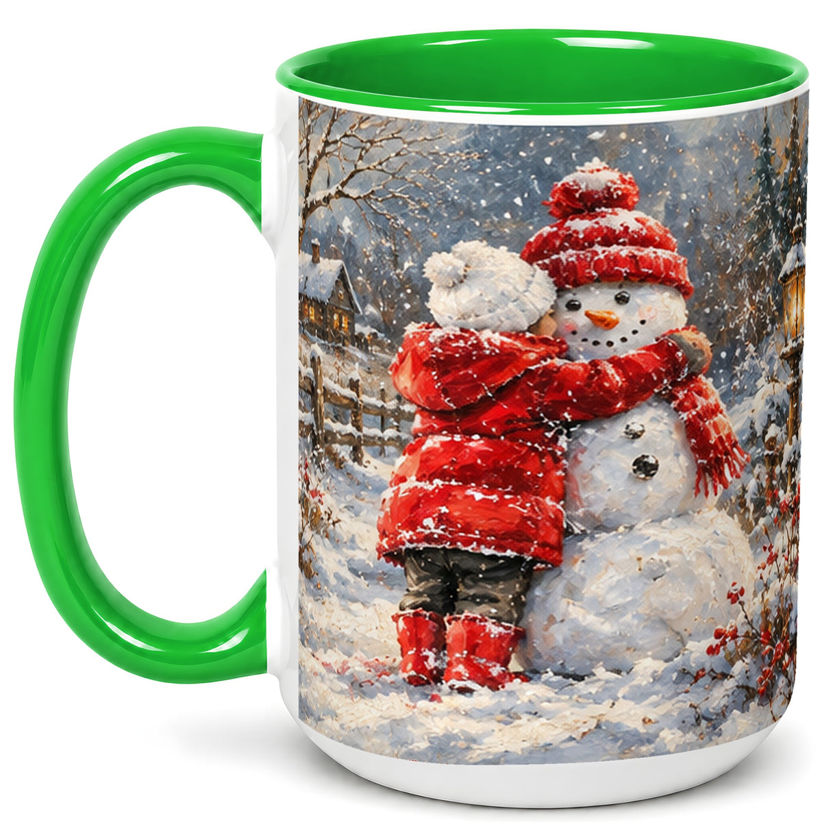 #pl[15oz|Green] Snowman Hug Coffee Mug, Cozy Winter Mug, Ceramic Cup