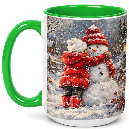 #pl[15oz|Green] Snowman Hug Coffee Mug, Cozy Winter Mug, Ceramic Cup