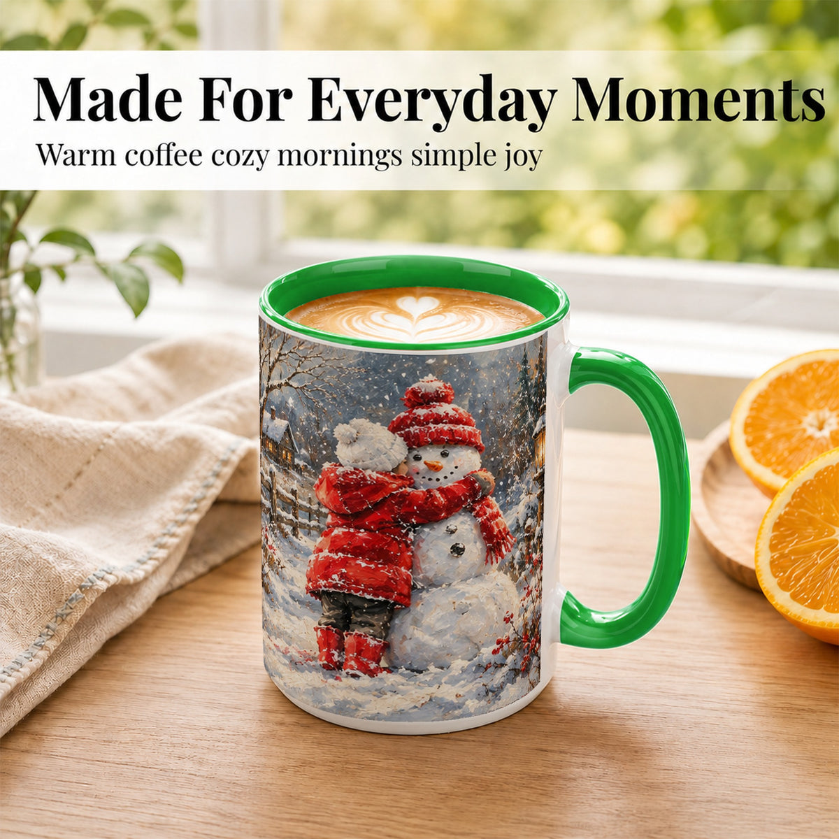#pl[15oz|Green] Snowman Hug Coffee Mug, Cozy Winter Mug, Ceramic Cup