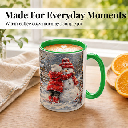 #pl[15oz|Green] Snowman Hug Coffee Mug, Cozy Winter Mug, Ceramic Cup