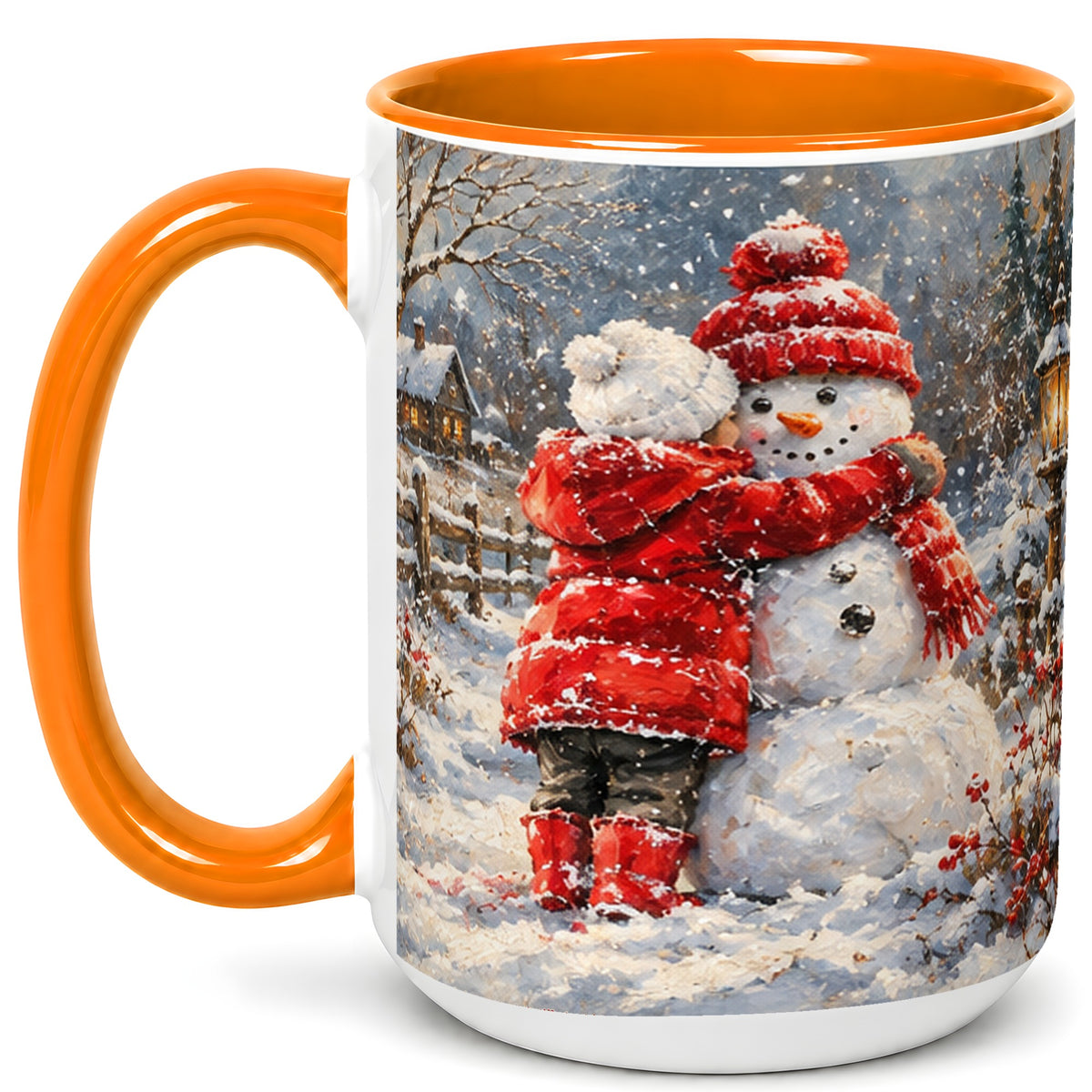 #pl[15oz|Orange] Snowman Hug Coffee Mug, Cozy Winter Mug, Ceramic Cup