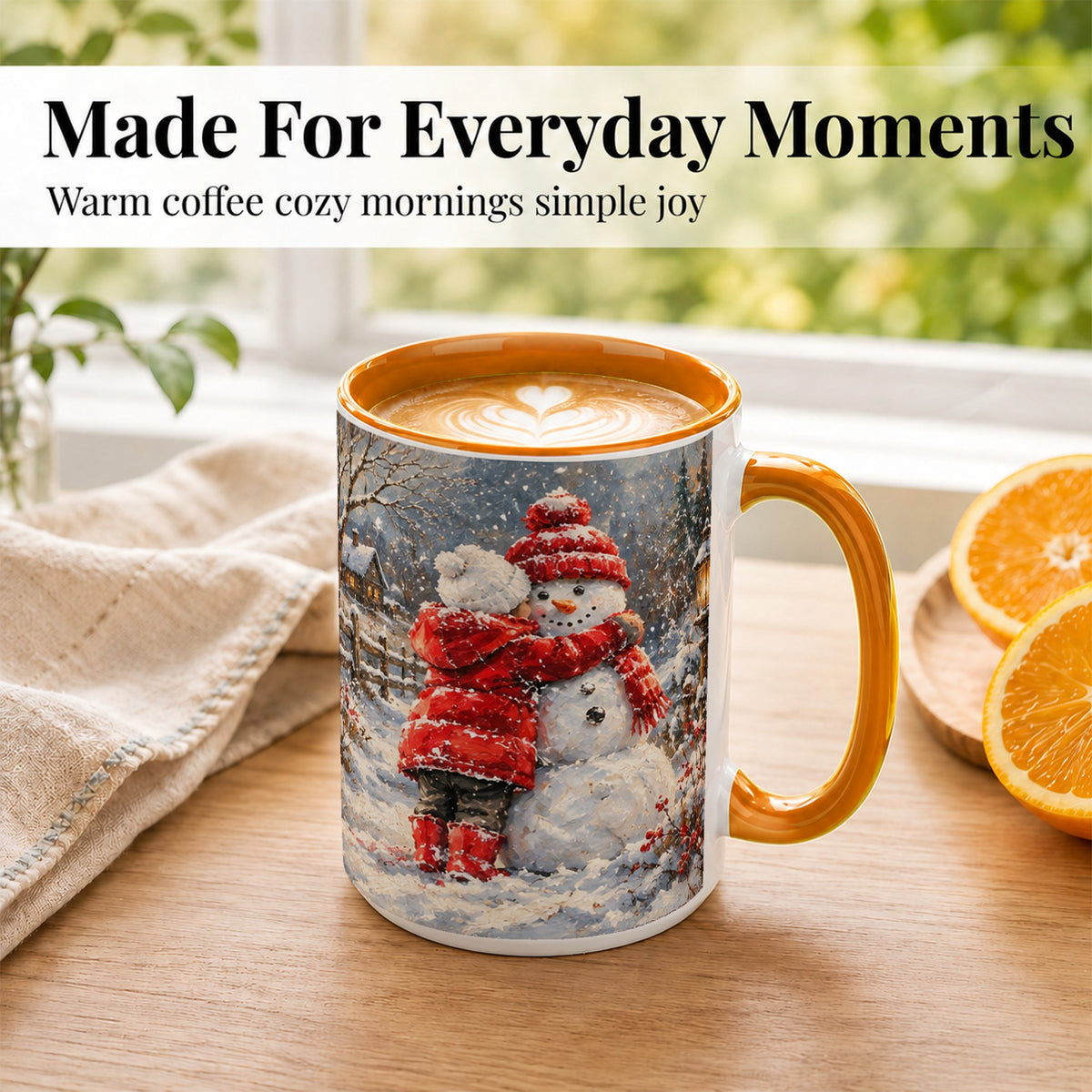 #pl[15oz|Orange] Snowman Hug Coffee Mug, Cozy Winter Mug, Ceramic Cup