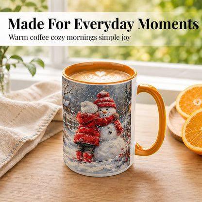 #pl[15oz|Orange] Snowman Hug Coffee Mug, Cozy Winter Mug, Ceramic Cup