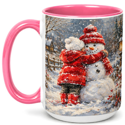 #pl[15oz|Pink] Snowman Hug Coffee Mug, Cozy Winter Mug, Ceramic Cup