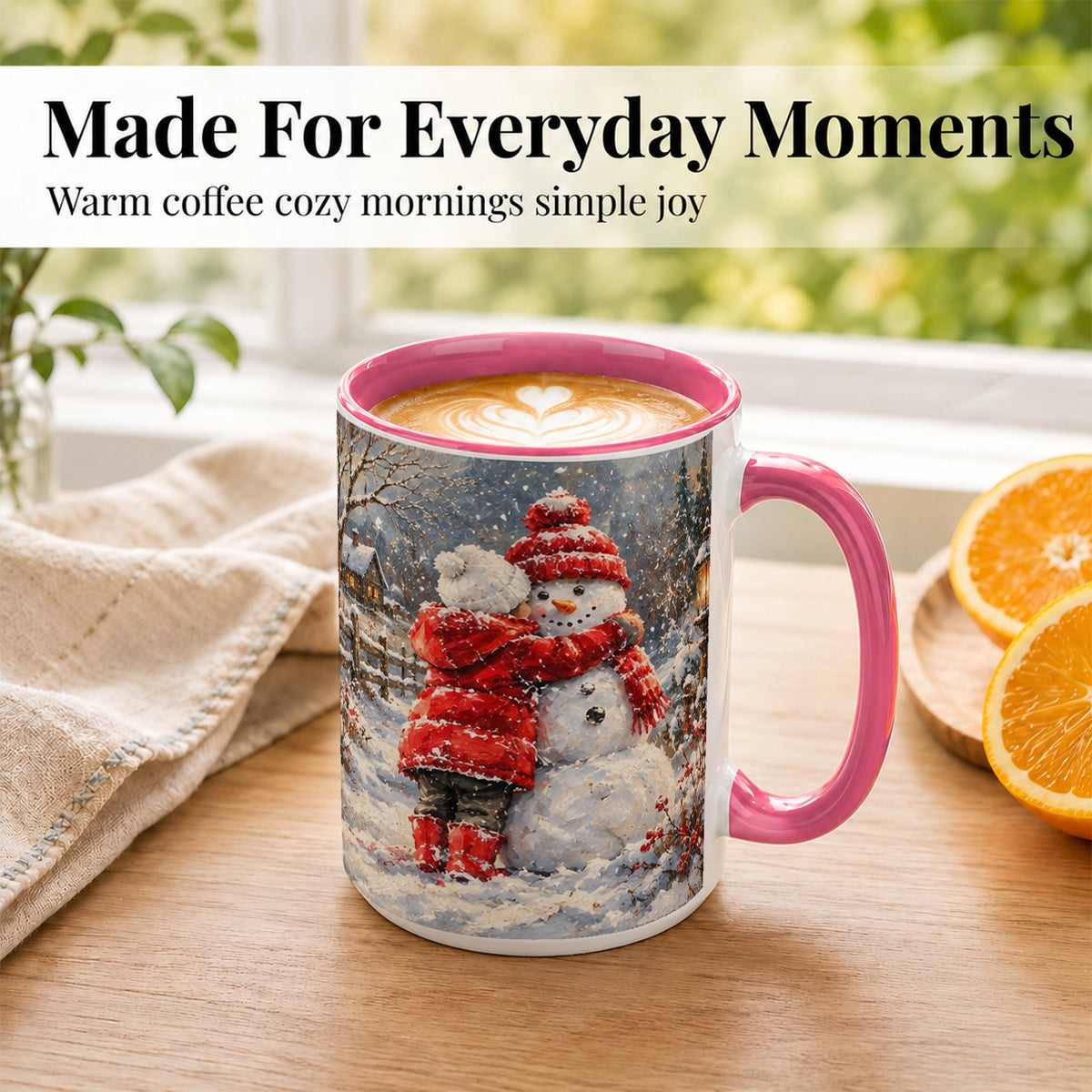 #pl[15oz|Pink] Snowman Hug Coffee Mug, Cozy Winter Mug, Ceramic Cup
