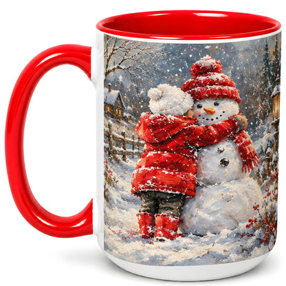 #pl[15oz|Red] Snowman Hug Coffee Mug, Cozy Winter Mug, Ceramic Cup
