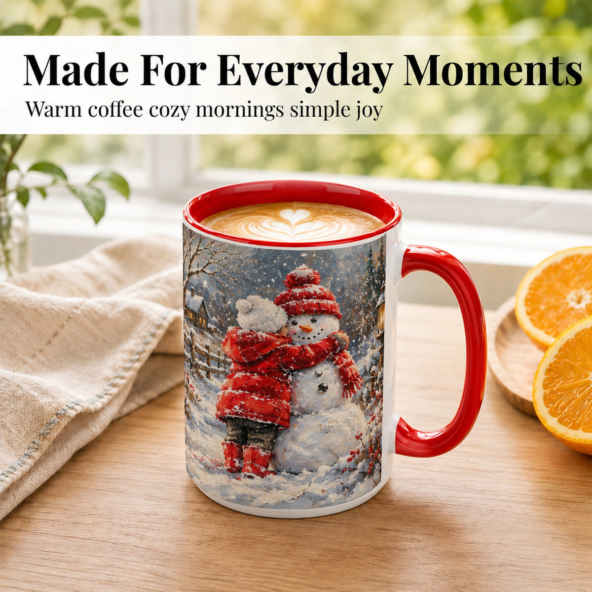 #pl[15oz|Red] Snowman Hug Coffee Mug, Cozy Winter Mug, Ceramic Cup