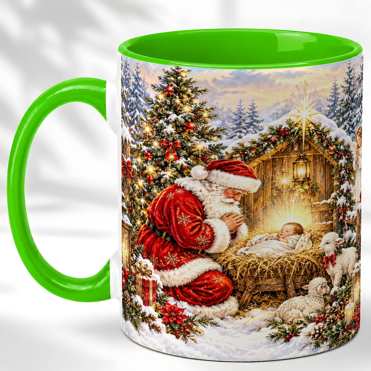 #pl[11oz|Green] Christmas Manger Coffee Mug, Santa Prayer Mug, Ceramic Cup