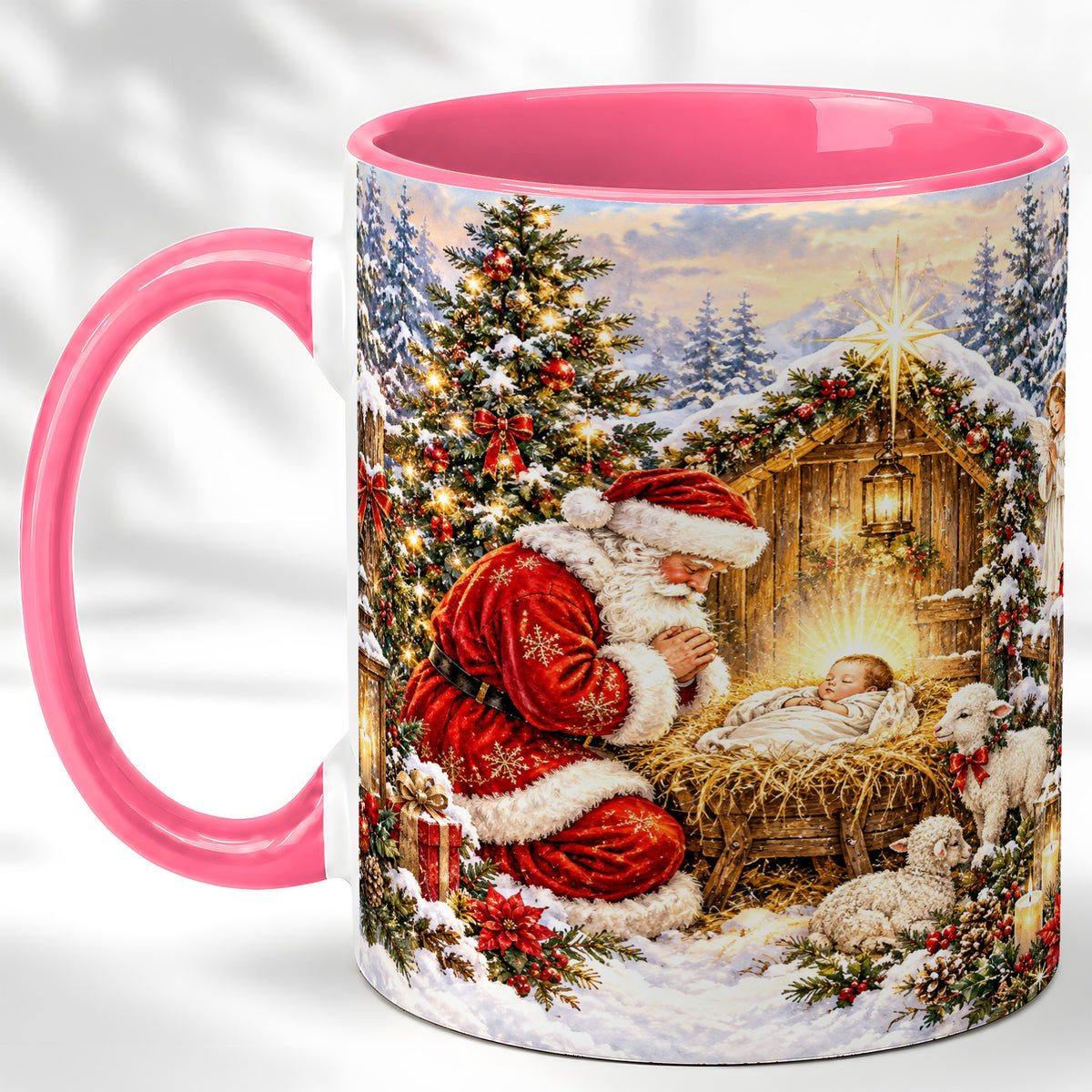 #pl[11oz|Pink] Christmas Manger Coffee Mug, Santa Prayer Mug, Ceramic Cup