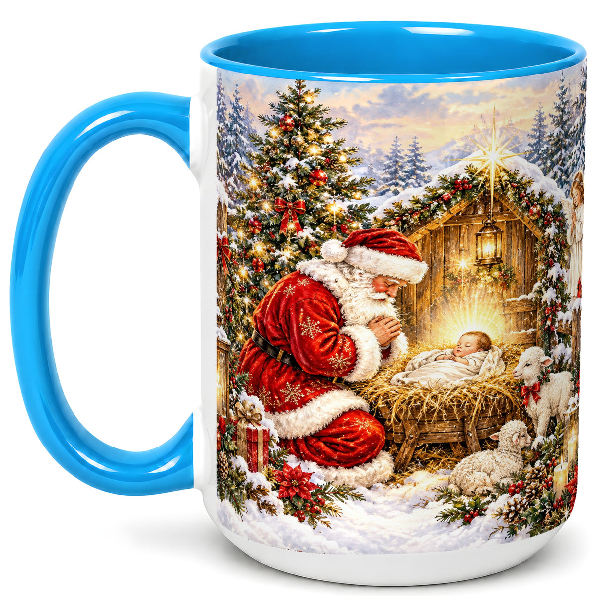 #pl[15oz|Blue] Christmas Manger Coffee Mug, Santa Prayer Mug, Ceramic Cup