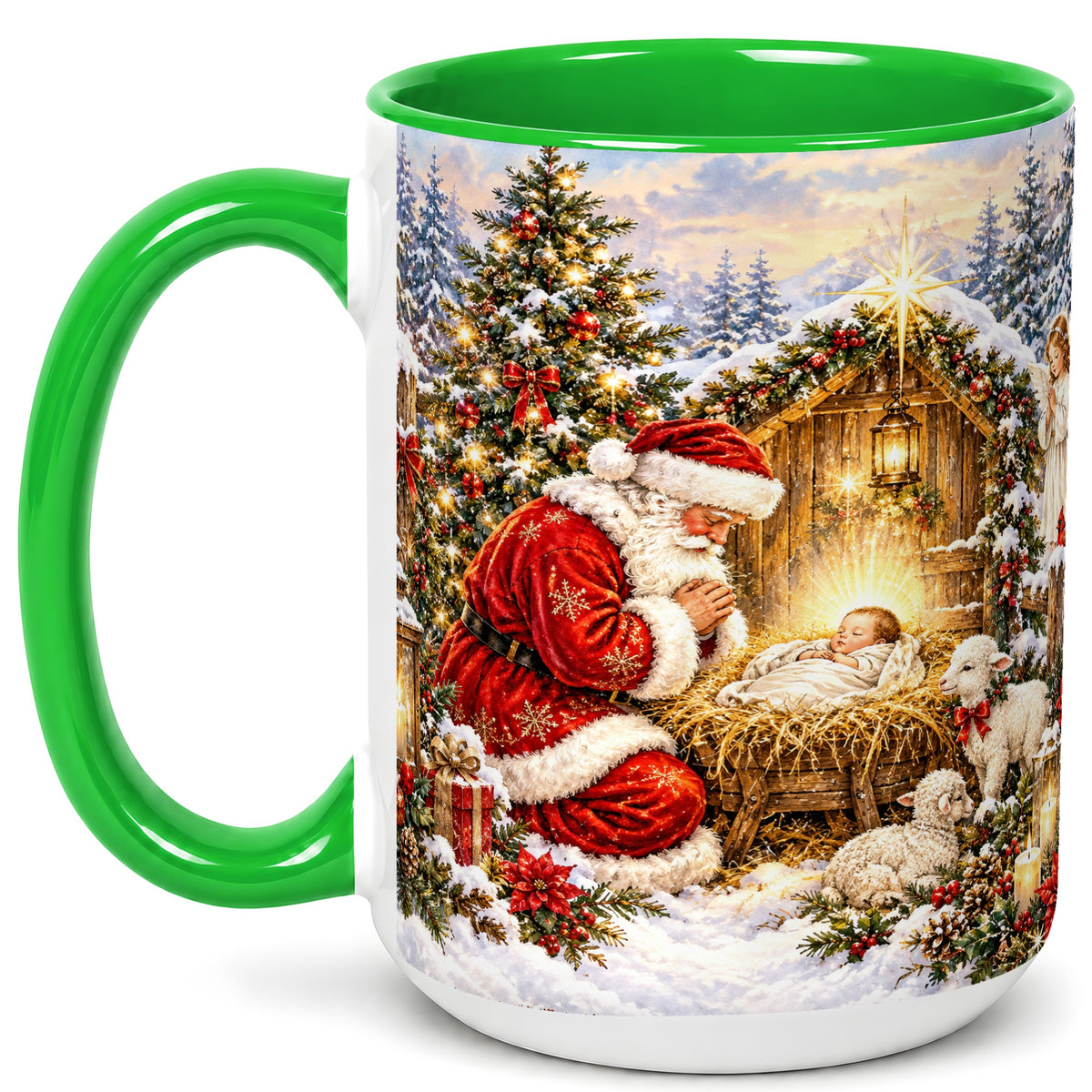 #pl[15oz|Green] Christmas Manger Coffee Mug, Santa Prayer Mug, Ceramic Cup