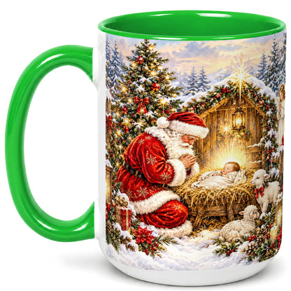 #pl[15oz|Green] Christmas Manger Coffee Mug, Santa Prayer Mug, Ceramic Cup
