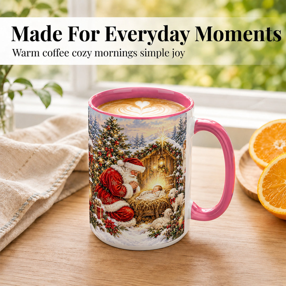 #pl[15oz|Pink] Christmas Manger Coffee Mug, Santa Prayer Mug, Ceramic Cup